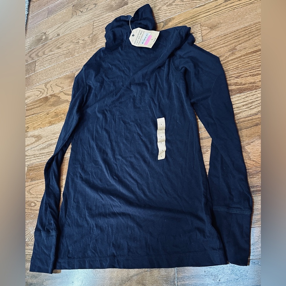 Two size S long sleeve tops: Lands’ End Navy Turtleneck and Covington blue top
